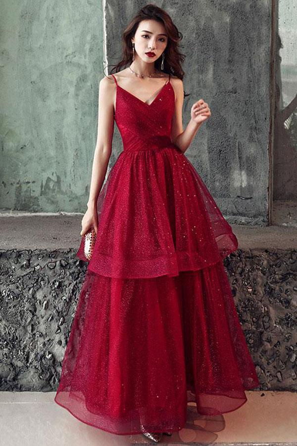 V-neck Red Spaghetti Straps Prom Dresses