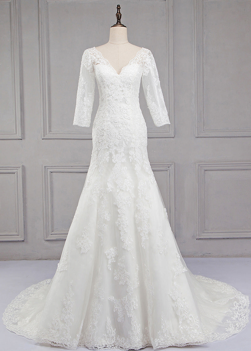 Sweep Train V-neck 3/4 Sleeves Lace Wedding Dresses