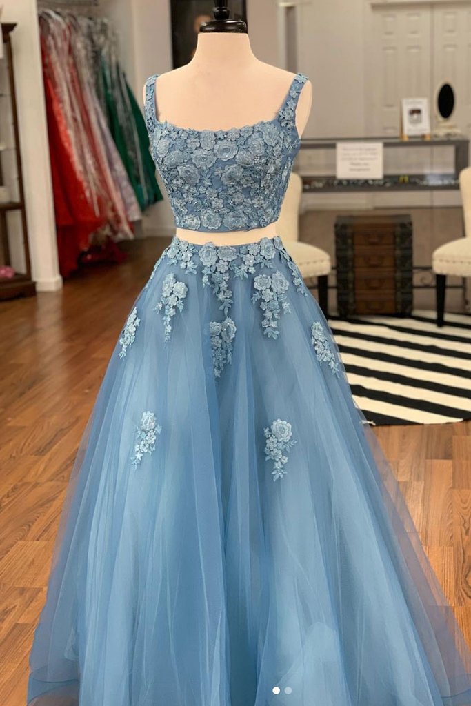 Regular Straps Tulle Appliques Lace Prom Dresses