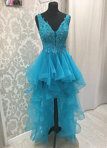 Sexy Asymmetrical V-neck Tulle Prom Dresses