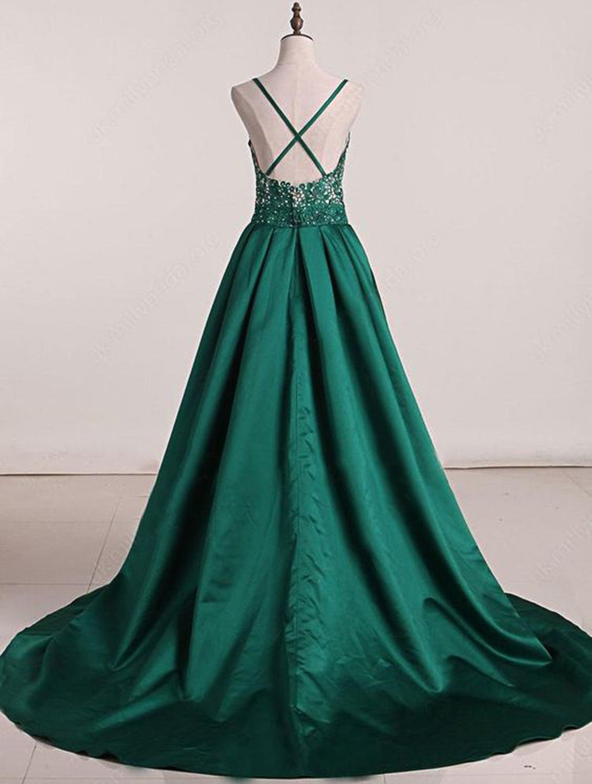 Green Sweep Train Satin Open Back Prom Dresses