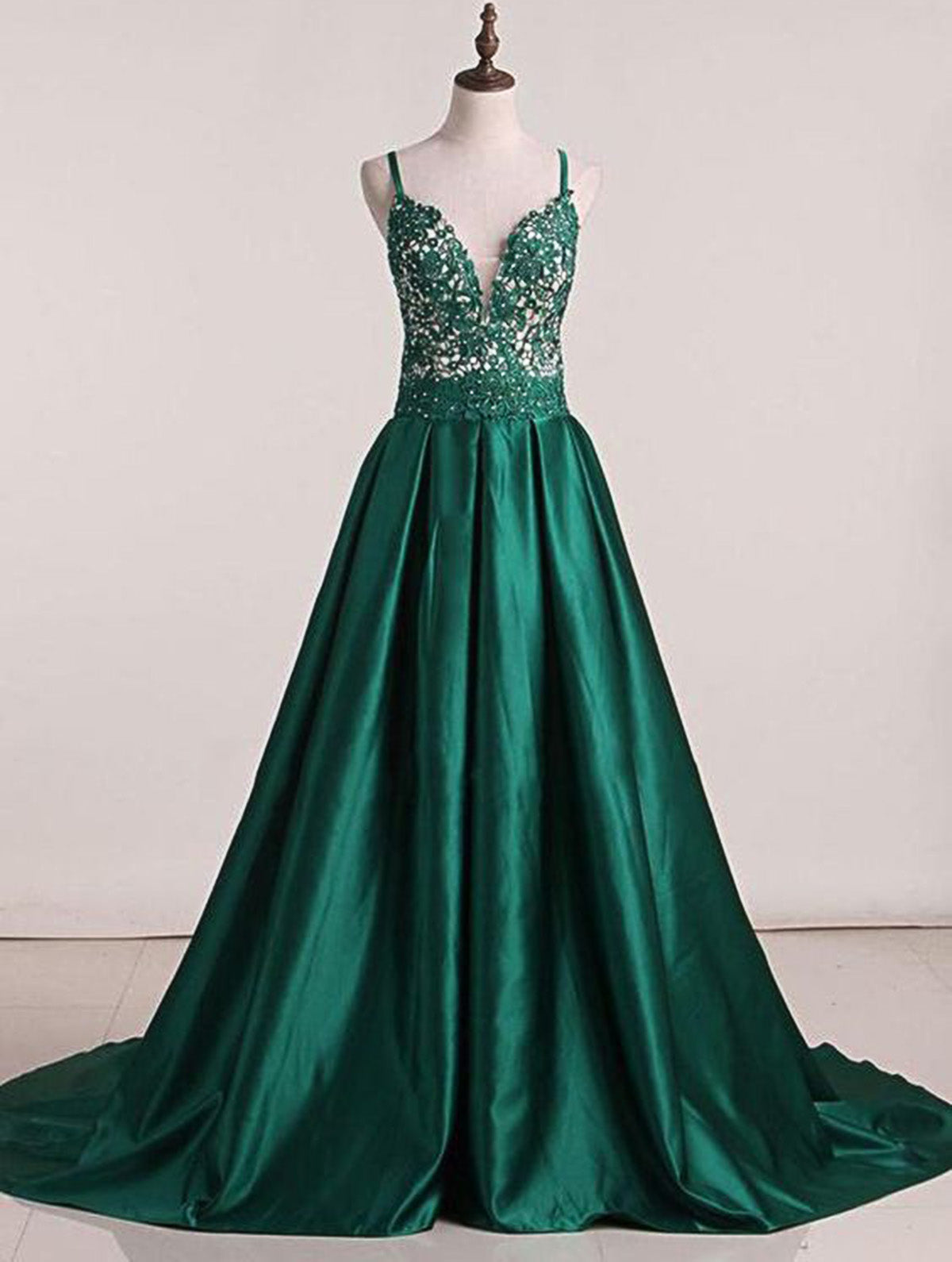 Green Sweep Train Satin Open Back Prom Dresses