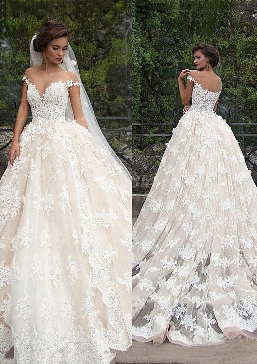 Ball-Gown/Princess V-neck Off-shoulder Chapel Train Tulle Wedding Dress With Lace