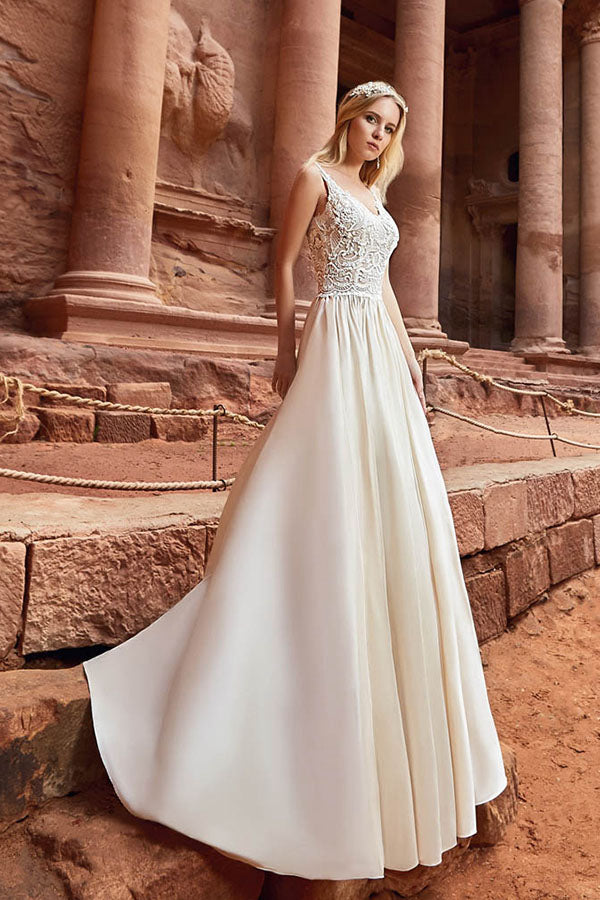 Elegant Straps Lace Top Satin Beach Wedding Dresses