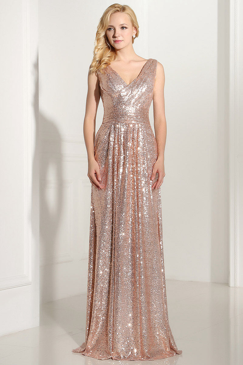 Sleeveless V-neck Long Sequined Formal Prom Dresses