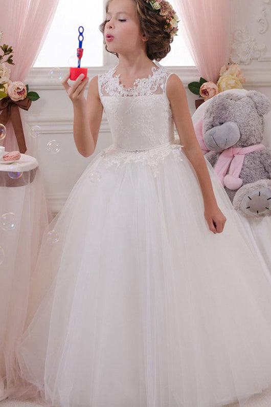 Ball Gown Lace Sleeveless Long Flower Girl Dresses