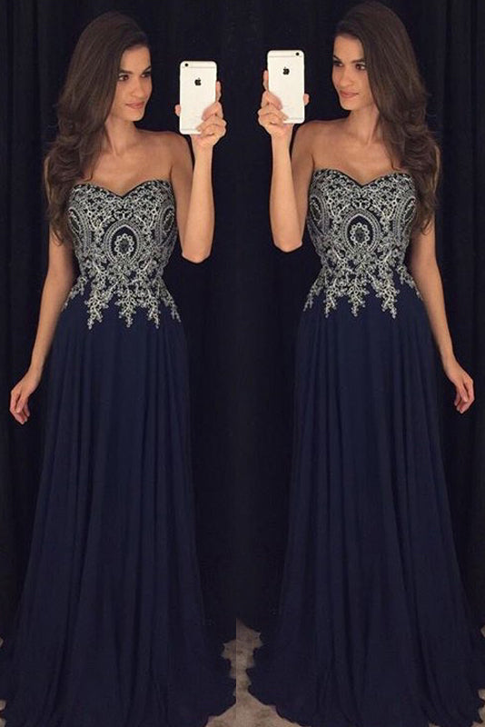 A-line Strapless Sweetheart Lace Appliques Long Chiffon Prom Dresses