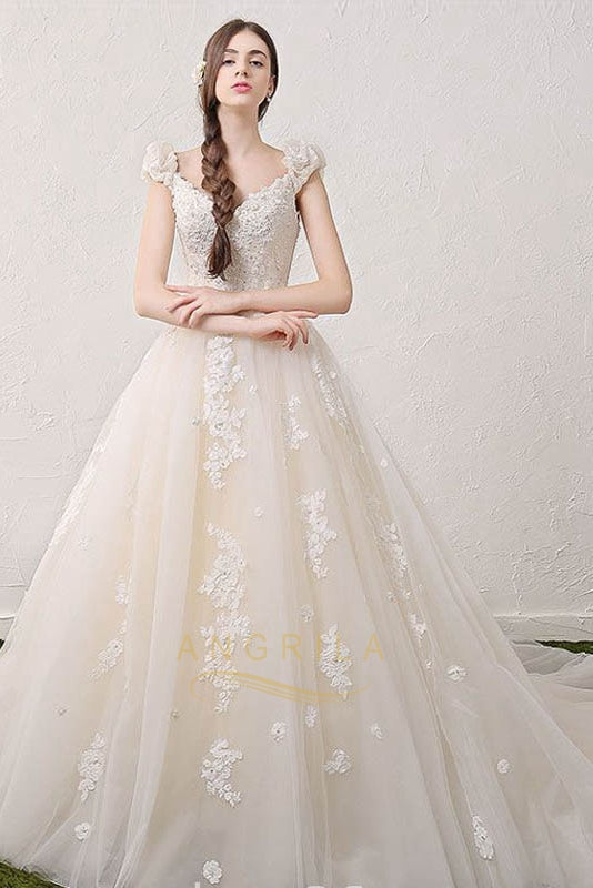 V-Neck Applique Lace Flowers Champagne Tulle Princess Wedding Dresses