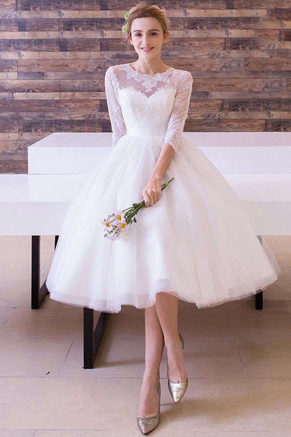 3/4 Sleeves Tea-length Bridal Wedding Dresses