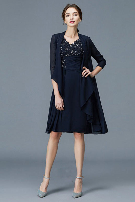 V-neck Chiffon Knee-Length Mother of the Bride Dresses (Jacket included)