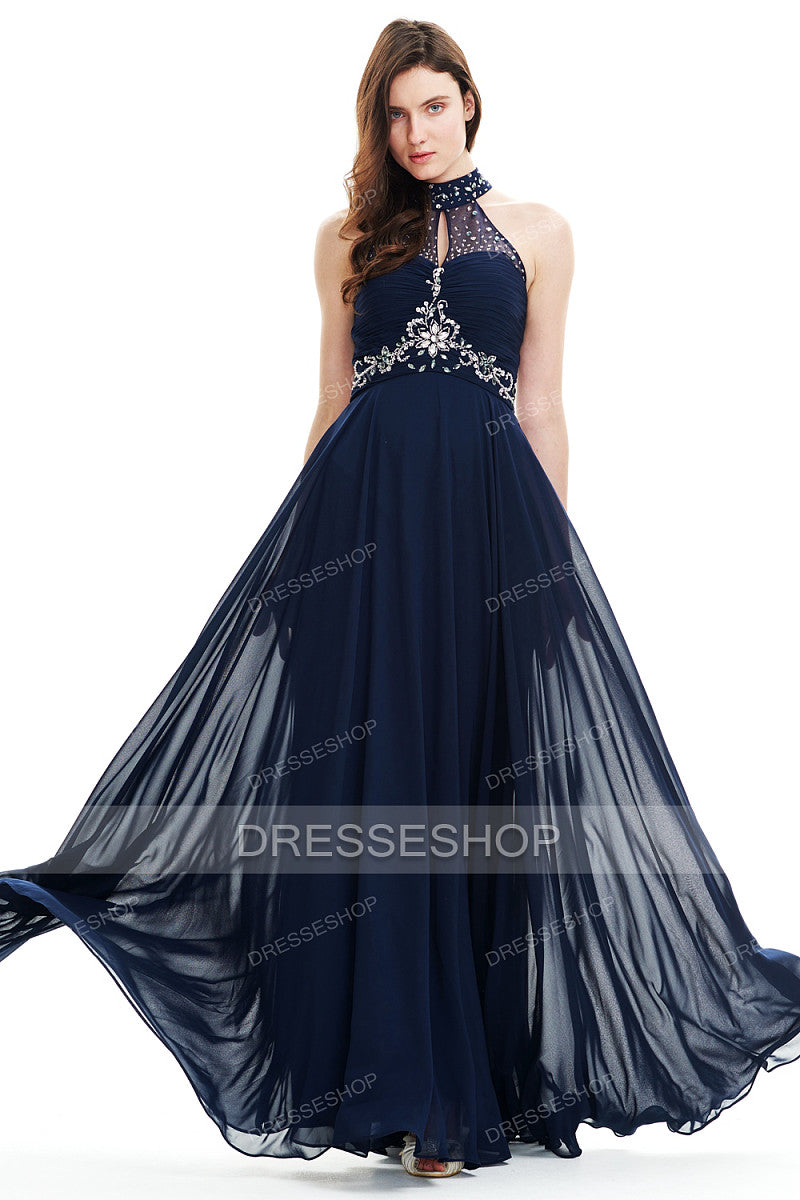 A-Line Halter Neck Floor Length Chiffon Prom Dresses With Sequins