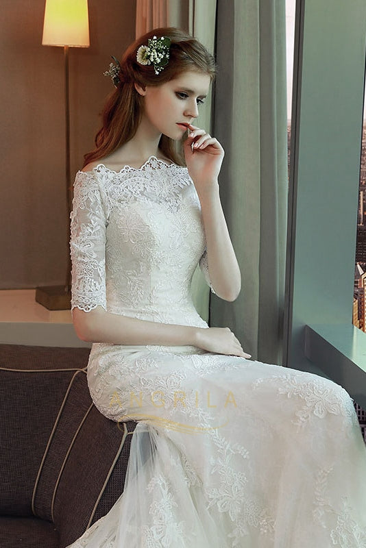 Off-the-Shoulder 1/2 Sleeves Lace Applique Wedding Dresses