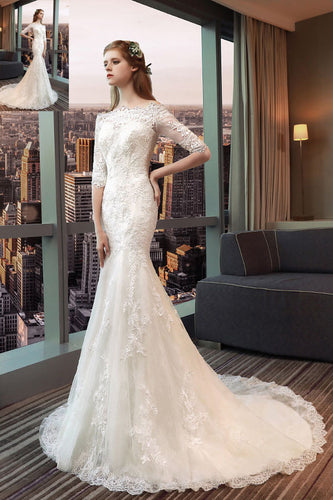 Off-the-Shoulder 1/2 Sleeves Lace Applique Wedding Dresses