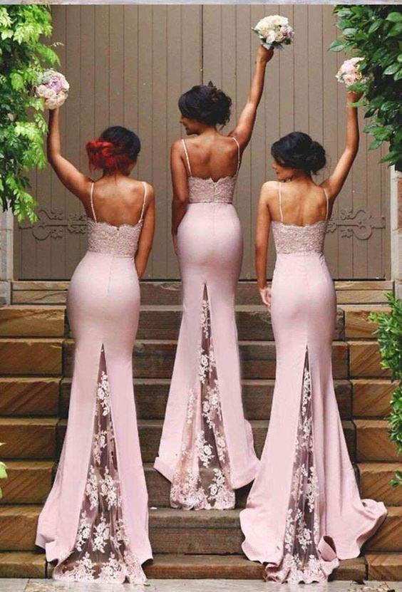 Vogue Trumpet/Mermaid Spaghetti Straps Lace Appliques Long Bridesmaid Dresses