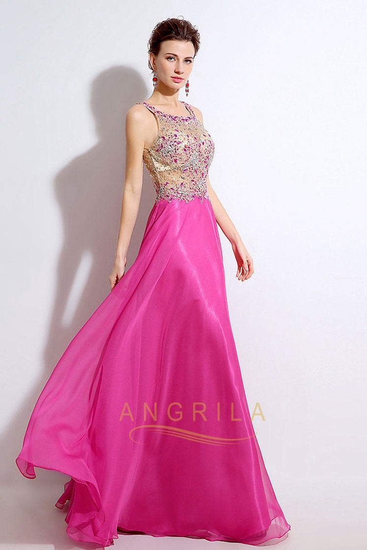 A-line/Princess Sleeveless Beading Chiffon Long Formal Prom Dresses