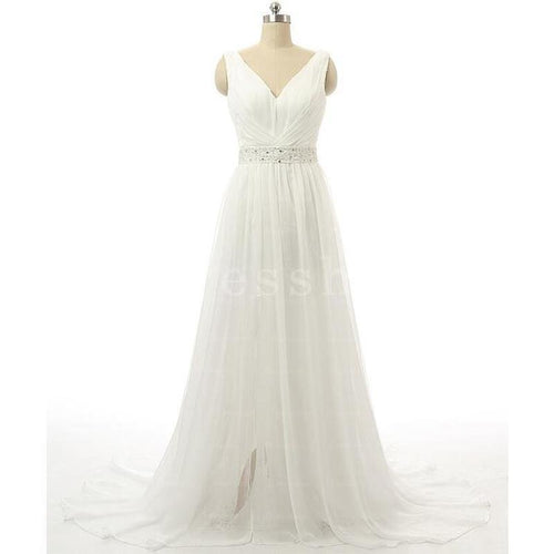 Ball-Gown/Princess V-neck Chapel Train Tulle Wedding Dress With Ruffle Beading