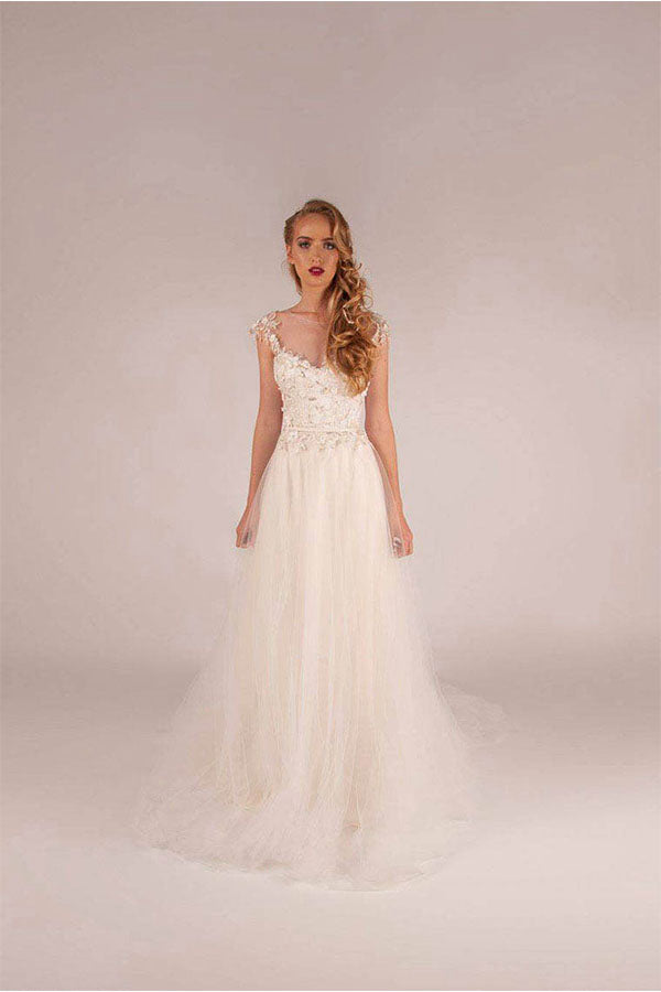 A-line Illusion Tulle Beach Wedding Dresses