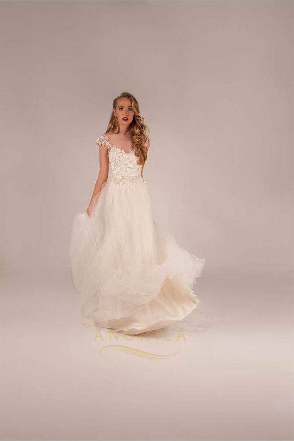 A-line Illusion Tulle Beach Wedding Dresses