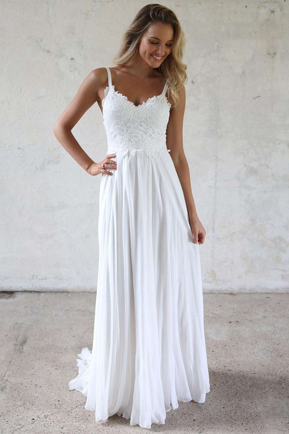 A-line Spaghetti Straps Lace Top Boho Beach Wedding Dresses