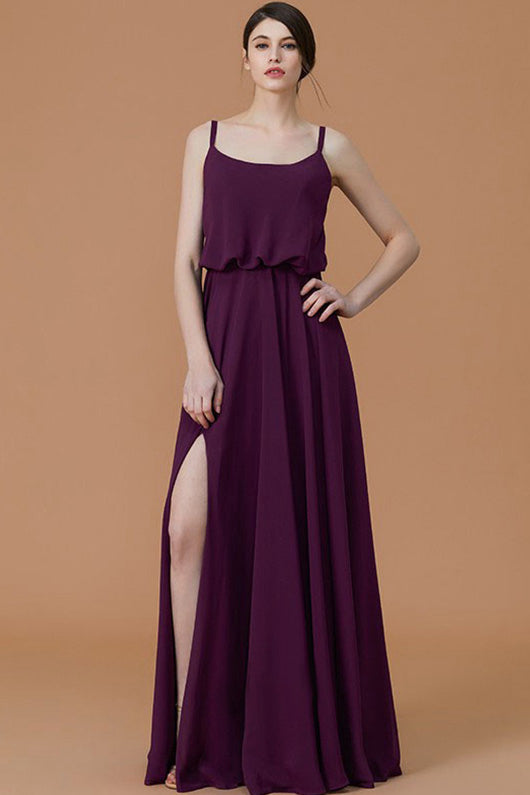 A-line Spaghetti Strap Front Split Long Bridesmaid Dresses