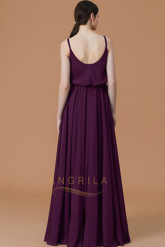 A-line Spaghetti Strap Front Split Long Bridesmaid Dresses