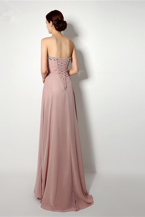 A-line Strapless Sweetheart Beading Lace-up Long Chiffon Bridesmaid Dresses with Sweep Train