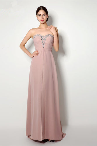 A-line Strapless Sweetheart Beading Lace-up Long Chiffon Bridesmaid Dresses with Sweep Train