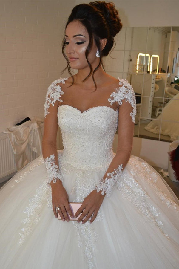 Ball Gown Illusion Sweetheart Full/Long Sleeves Lace Appliques Beading Long Bridal Wedding Dresses