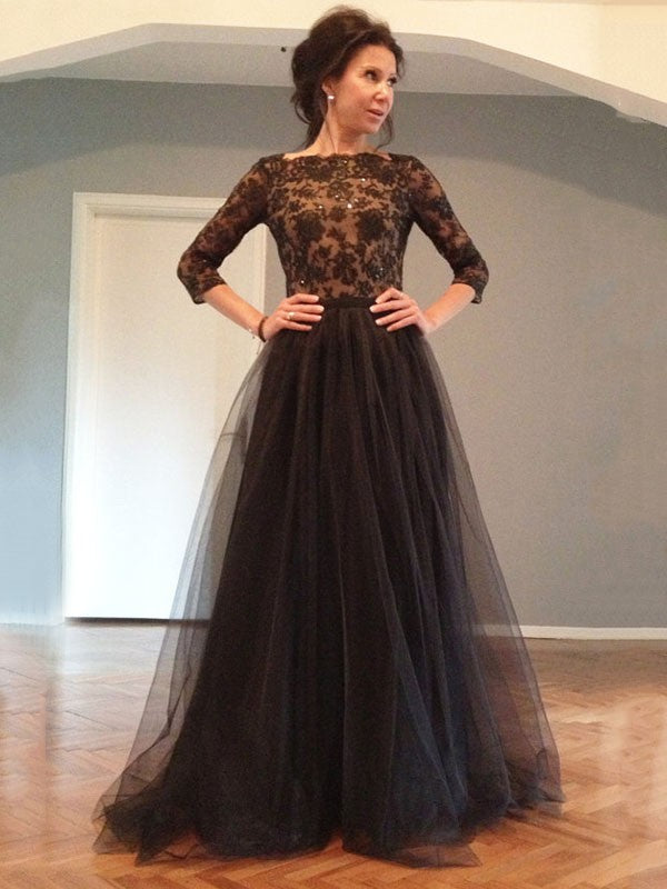 A-line/Princess 3/4 Sleeves Beading Long Lace Tulle Prom Dresses