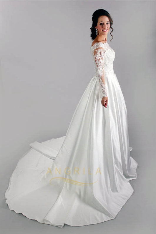 Fabulous A-Line Appliqued Satin Long Sleeves Lace Wedding Dress