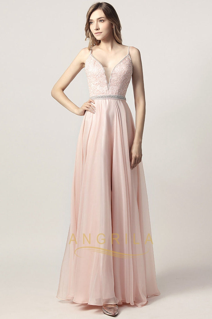 A-line/Princess V-neck Beading Long Formal Prom Dresses