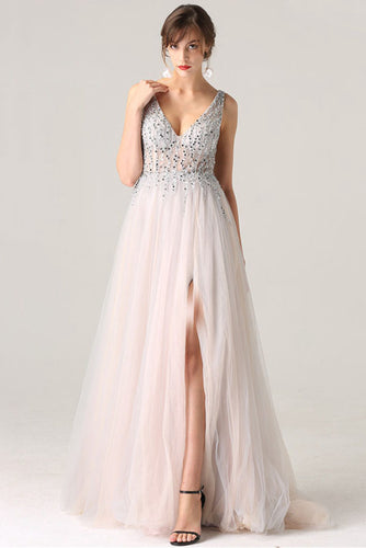 V-Neck Slit Tulle Prom Dresses with Sequins