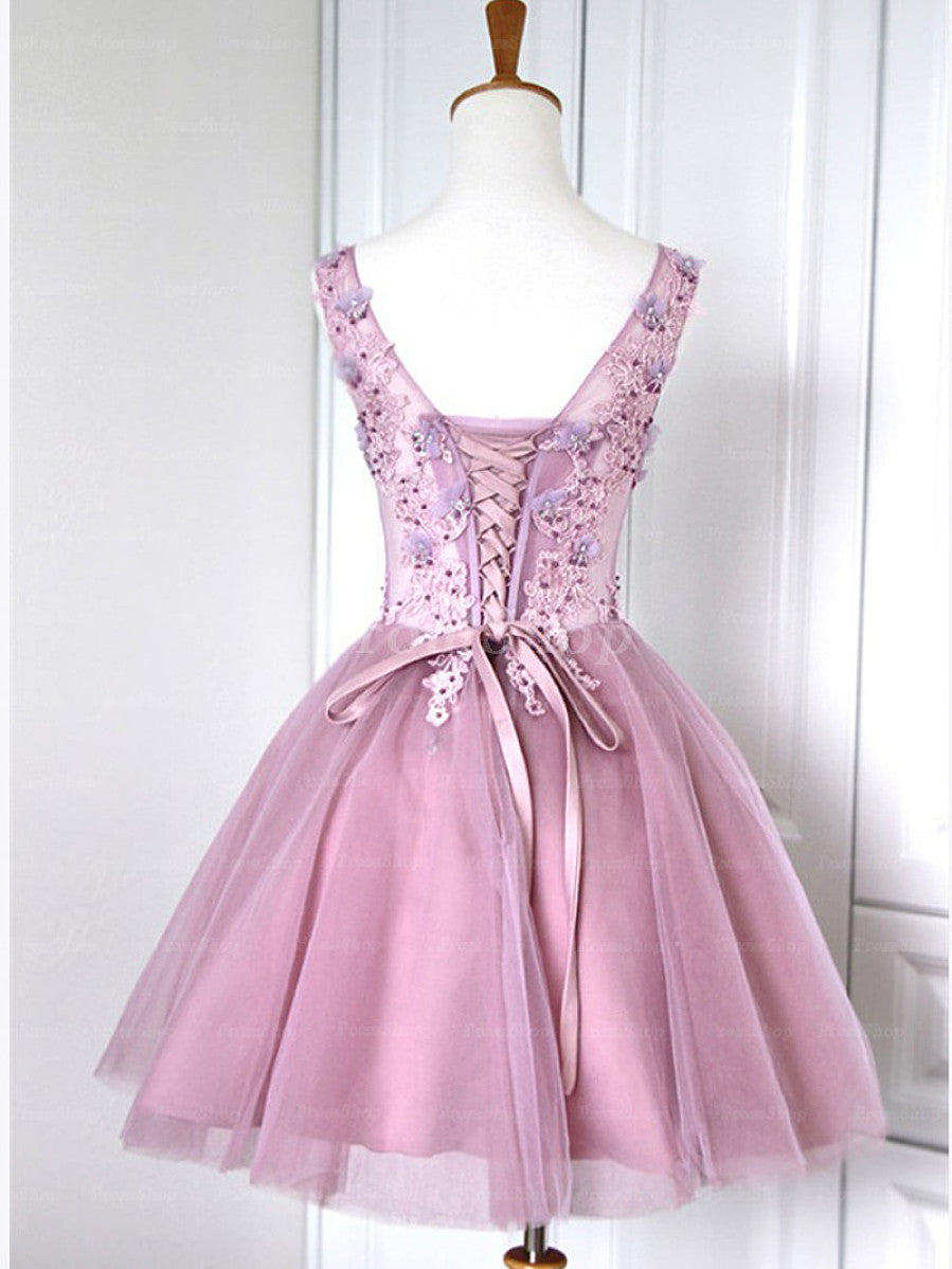 A-Line V-neck Short/Mini Tulle Prom Dresses With Back Bandage Design