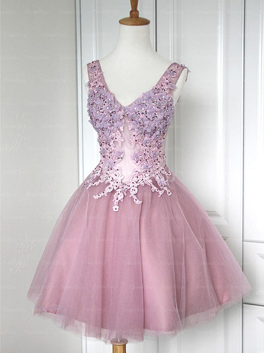 A-Line V-neck Short/Mini Tulle Prom Dresses With Back Bandage Design