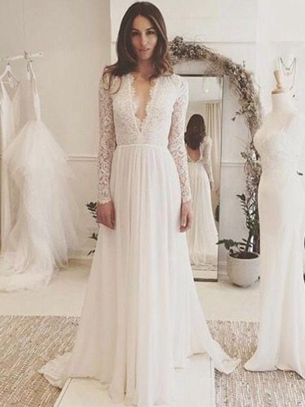 A-line Deep V-neck Full/Long Sleeves Open Back Long Lace Chiffon Wedding Dresses