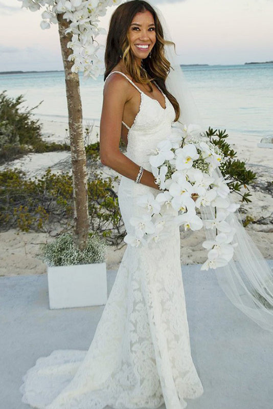 Spaghetti Straps Trumpet/Mermaid Lace Boho Wedding Dresses