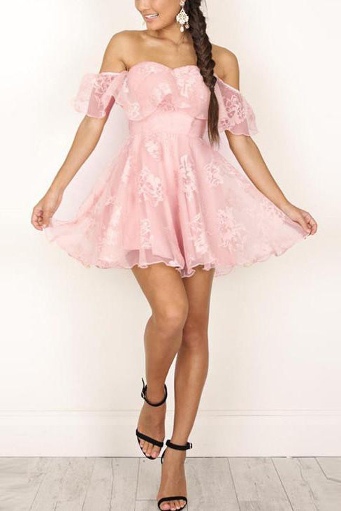 A-Line Off-the-Shoulder Short Pearl Pink Lace Homecoming Dresses