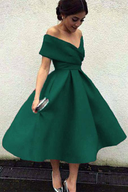 Vintage A-line Cap Sleeves Satin Tea Length Prom Dress