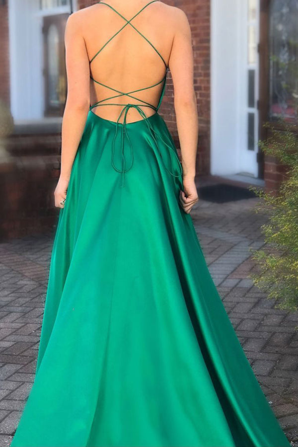 Backless Slit Long Prom Dresses with Pocket