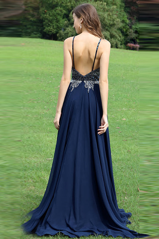 A-Line Halter Chiffon Backless Long Prom/Evening Dress with Beading