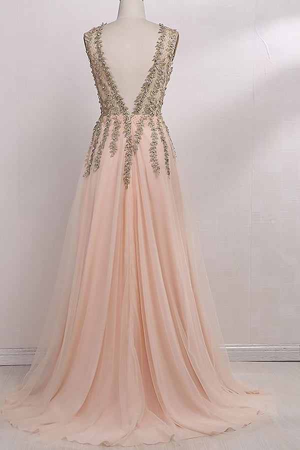 A-Line V-Neck Sleeveless Floor-Length With Beading Tulle Prom Dresses