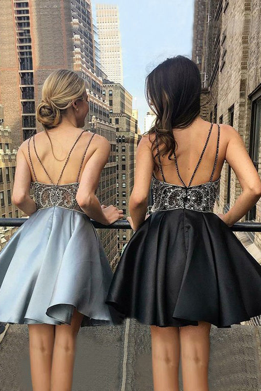 A-Line Beading V-Neck Satin Sleeveless Short/Mini Homecoming Dresses